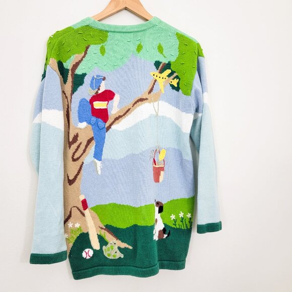 Vintage Storybook Knits Kids Playing Toys Trees Cardigan Sweater Medium - Picture 5 of 9